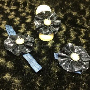 Navy Blue Sequin Flower Barefoot Sandals & Headband Set   HANDMADE  BFS153